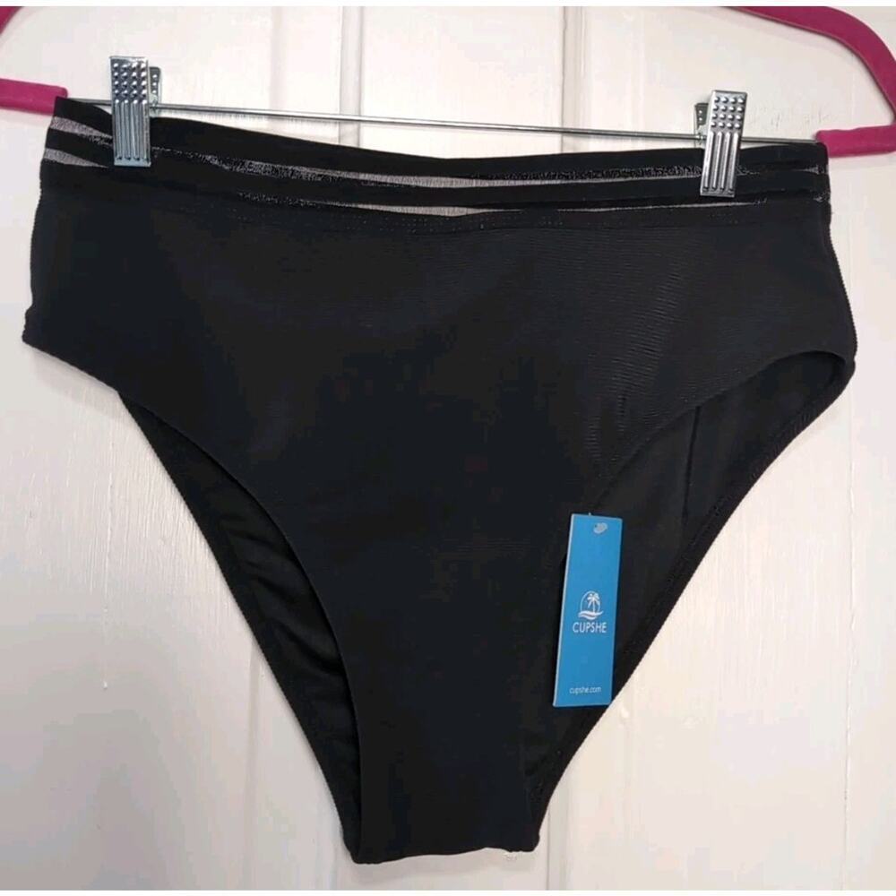Cupshe Black Texture Bikini Bottom High-Cut Swimwear Women's M Black Beach (1003